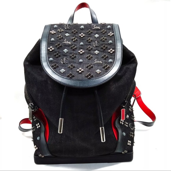 Christian Louboutin Studded Black denim and Red Backpack - Picture 10 of 11